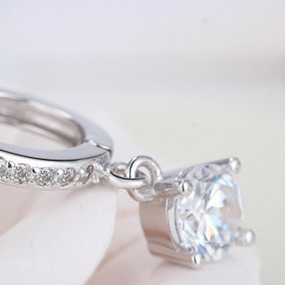 NEW Solitaire Diamond Drop Silver Hoop Earrings - Picture 8 of 9